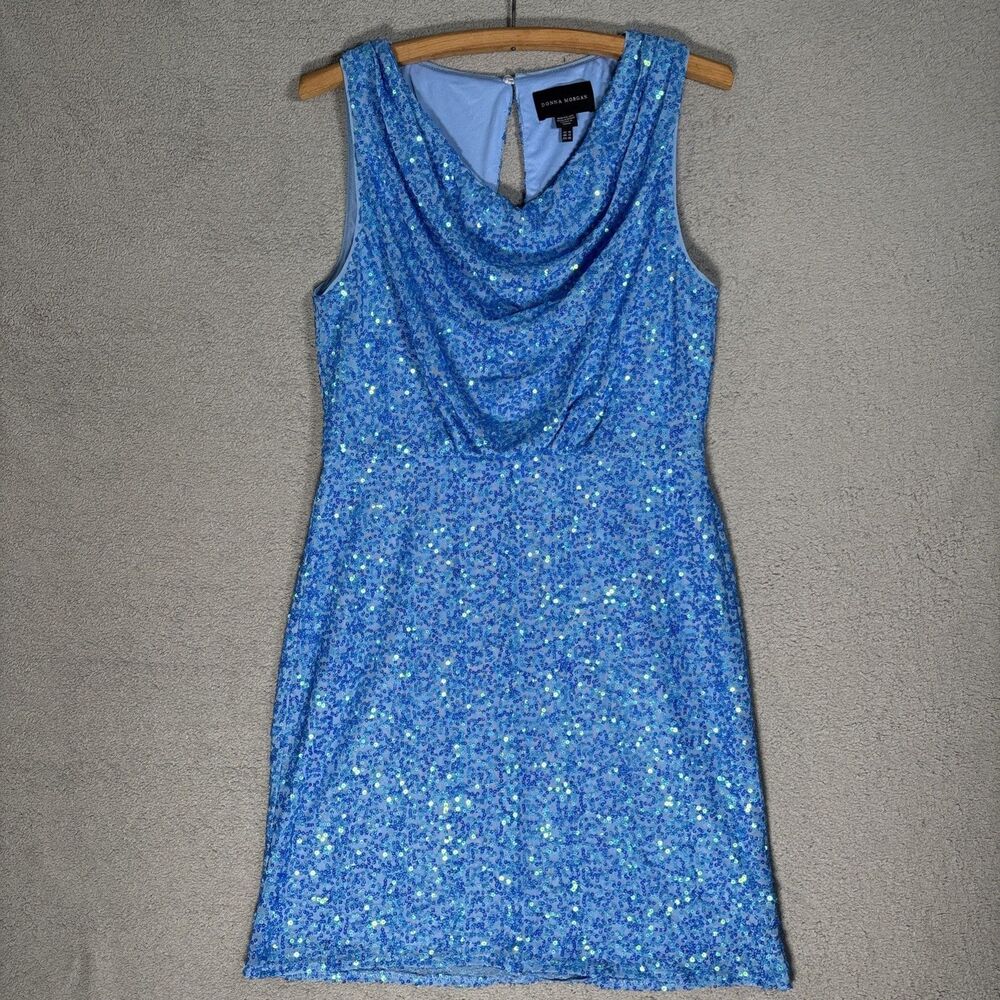 Donna Morgan Women’s Dress Size 10 Blue‎ Sequin Dress Cowl Neck Sleeveless Party